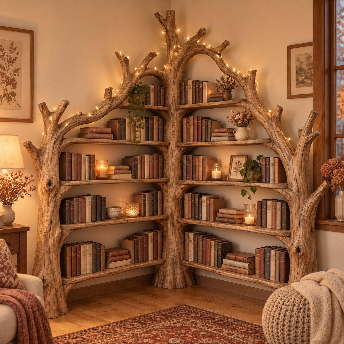 Tree Shaped Corner Bookcase, Triple-Trunk Arched Solid Wood Bookshelf for Reading Room