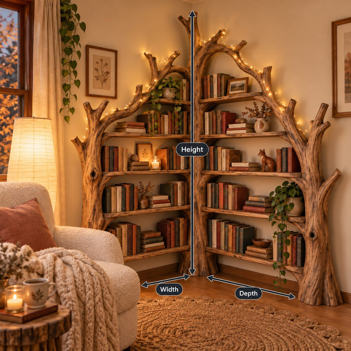 Tree Shaped Corner Bookcase, Triple-Trunk Arched Solid Wood Bookshelf for Reading Room