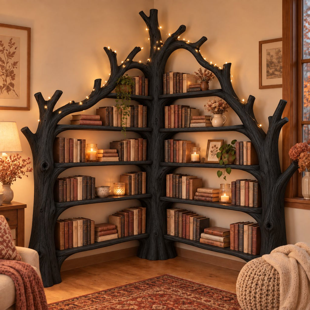 Tree Shaped Corner Bookcase, Triple-Trunk Arched Solid Wood Bookshelf for Reading Room