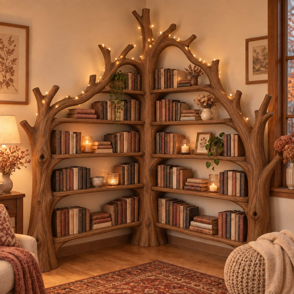 Tree Shaped Corner Bookcase, Triple-Trunk Arched Solid Wood Bookshelf for Reading Room