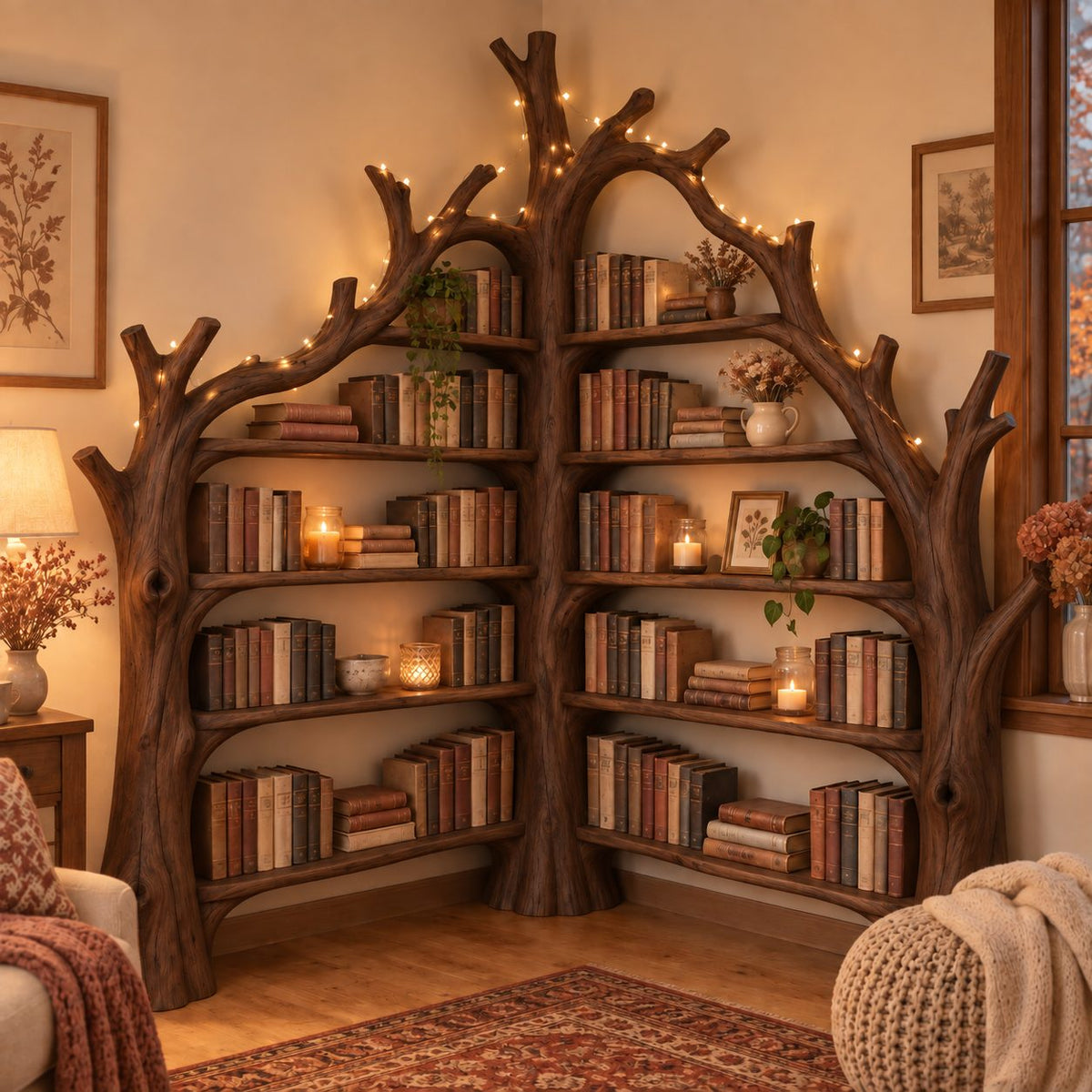 Tree Shaped Corner Bookcase, Triple-Trunk Arched Solid Wood Bookshelf for Reading Room