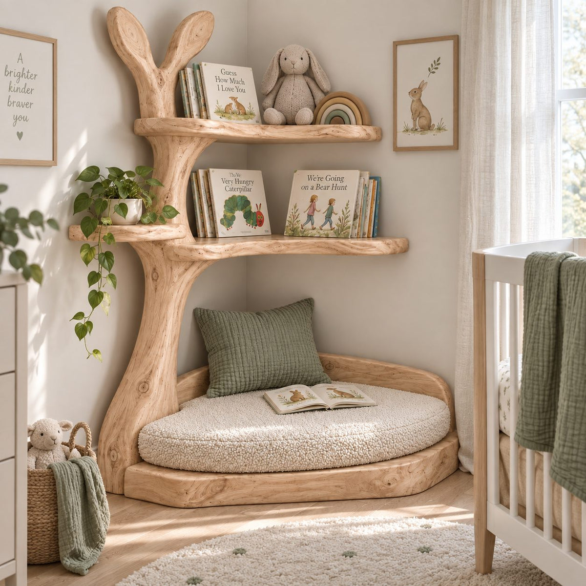 Kids Corner Tree Bookshelf with Reading Nook, Bunny-Ear Solid Wood Nursery Book Display