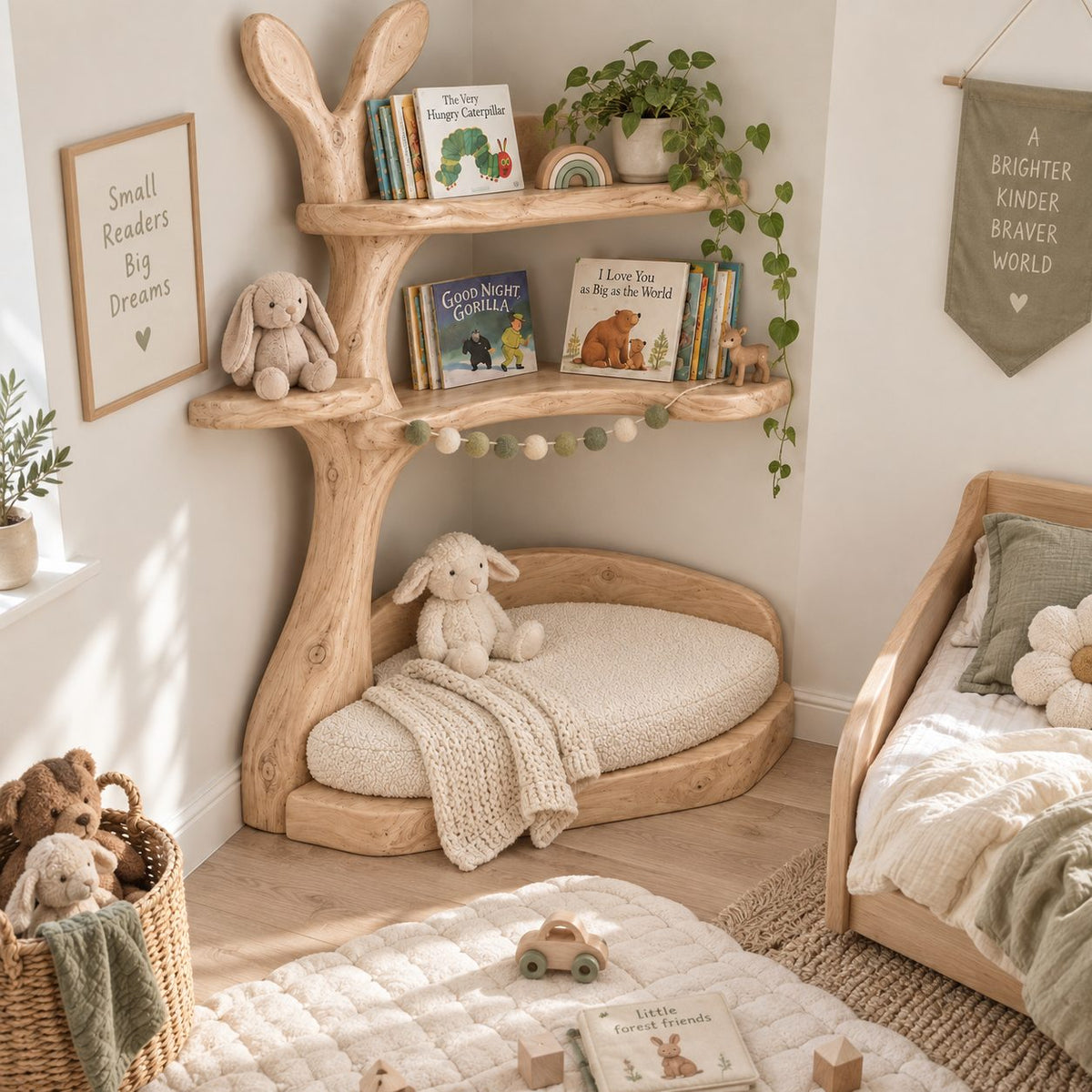 Kids Corner Tree Bookshelf with Reading Nook, Bunny-Ear Solid Wood Nursery Book Display