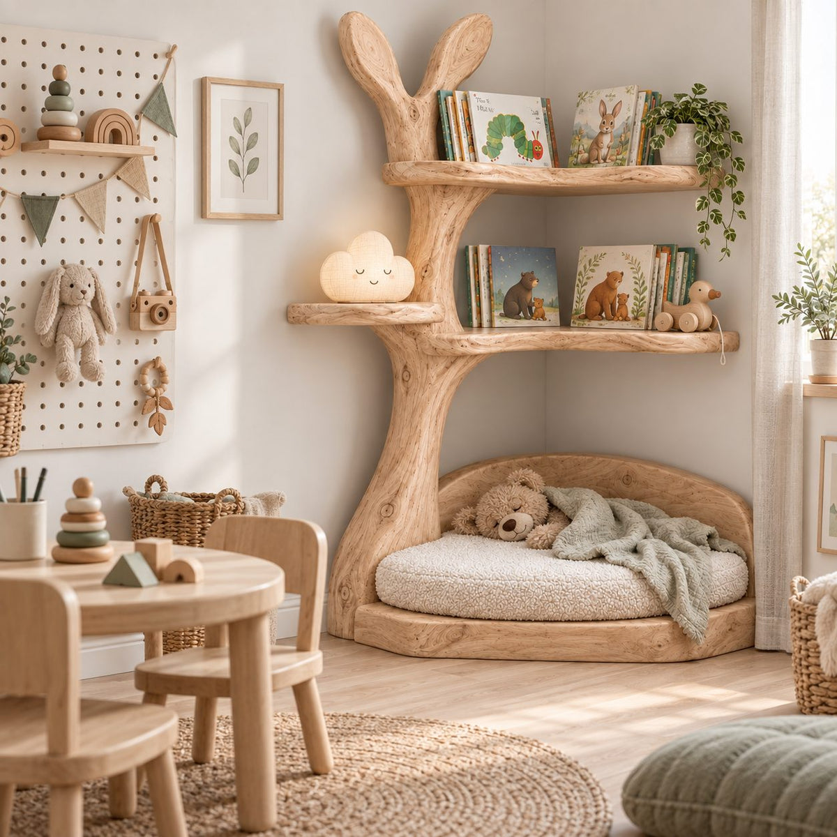 Kids Corner Tree Bookshelf with Reading Nook, Bunny-Ear Solid Wood Nursery Book Display