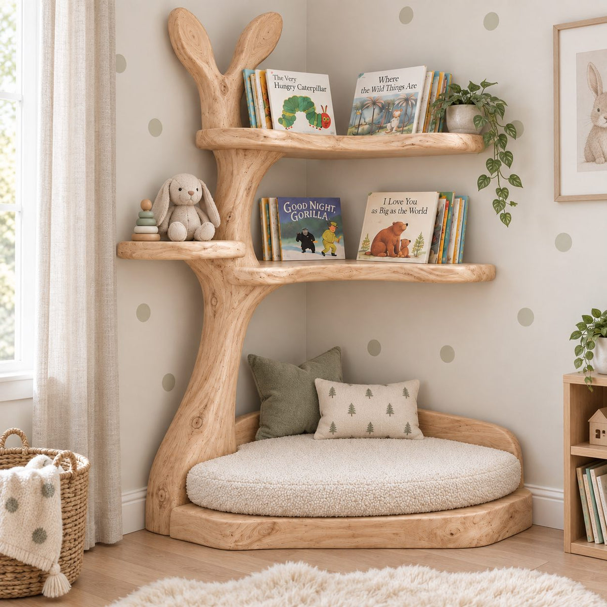 Kids Corner Tree Bookshelf with Reading Nook, Bunny-Ear Solid Wood Nursery Book Display
