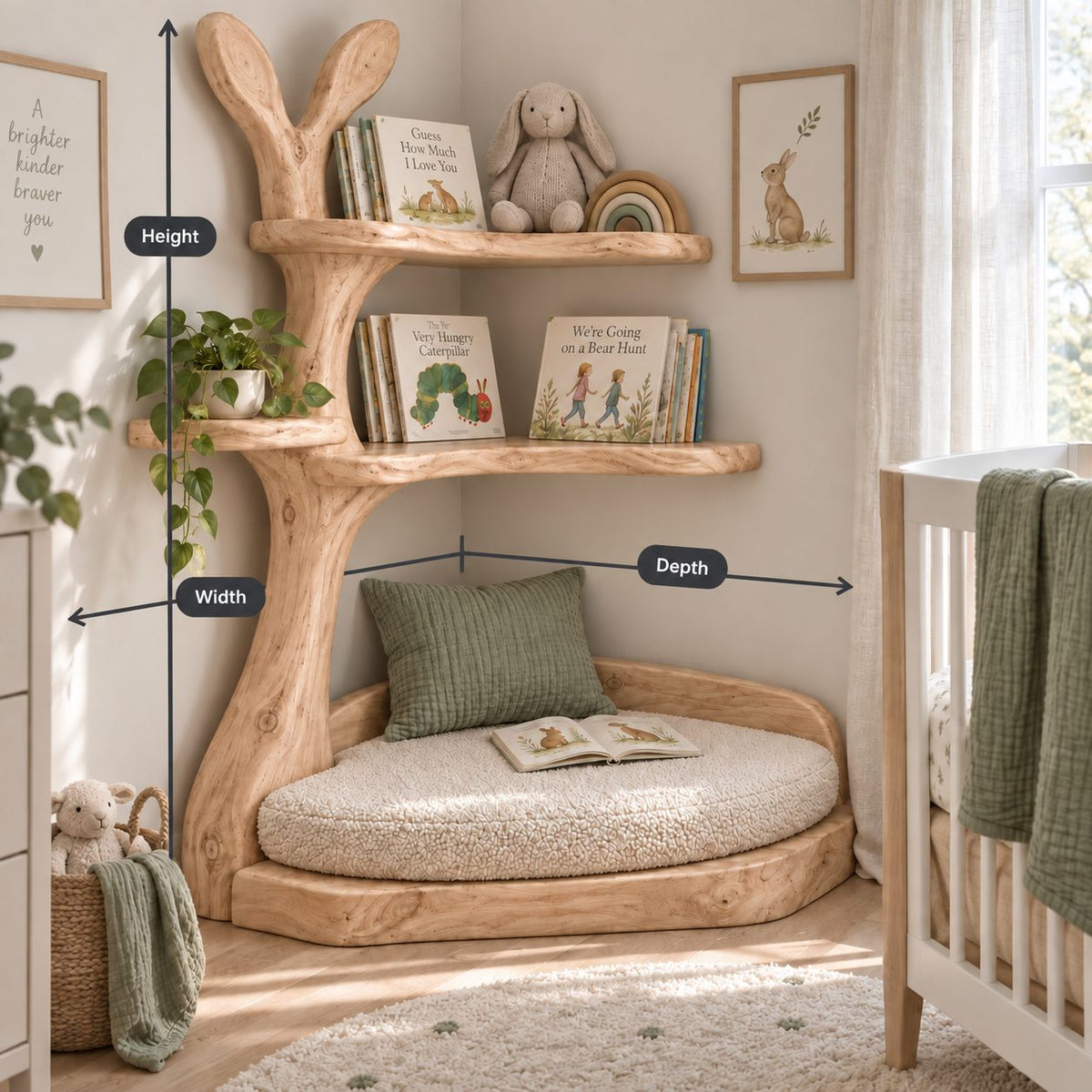 Kids Corner Tree Bookshelf with Reading Nook, Bunny-Ear Solid Wood Nursery Book Display