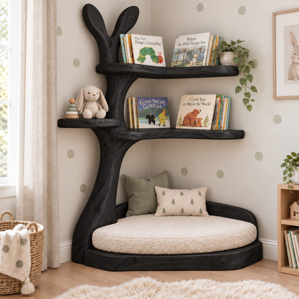 Kids Corner Tree Bookshelf with Reading Nook, Bunny-Ear Solid Wood Nursery Book Display