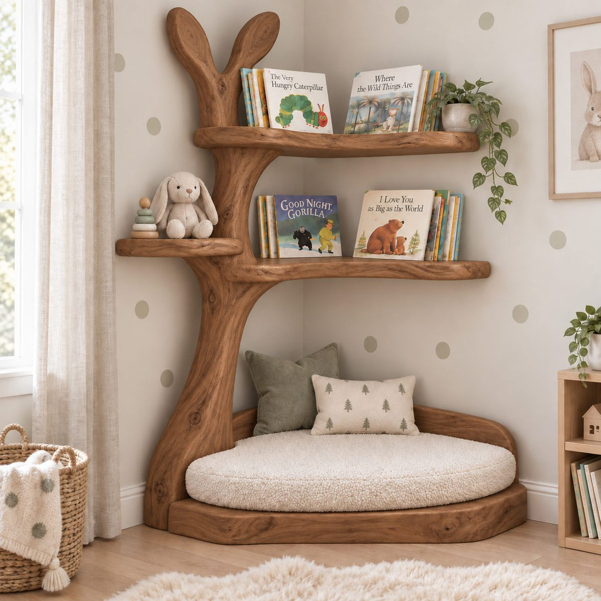 Kids Corner Tree Bookshelf with Reading Nook, Bunny-Ear Solid Wood Nursery Book Display