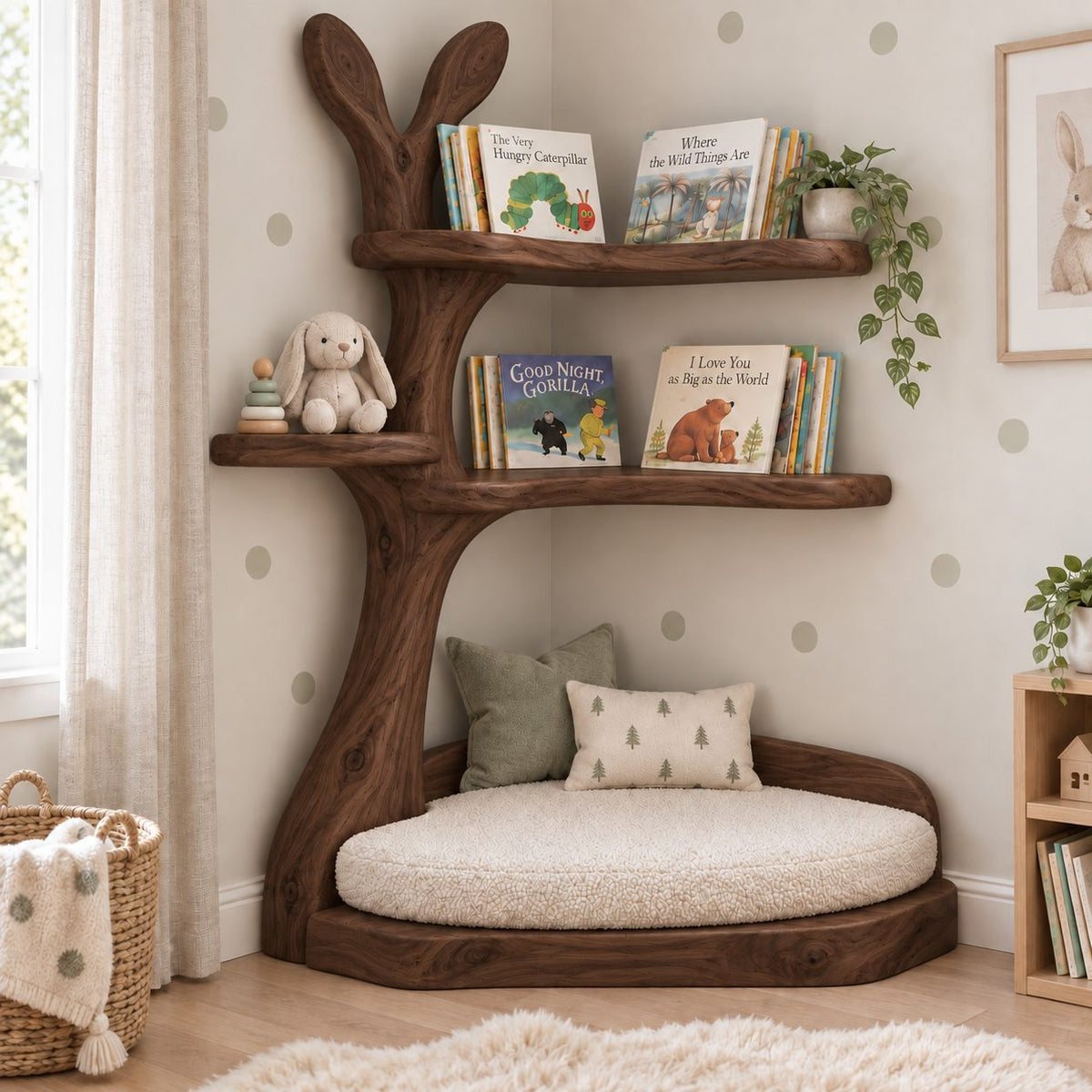 Kids Corner Tree Bookshelf with Reading Nook, Bunny-Ear Solid Wood Nursery Book Display