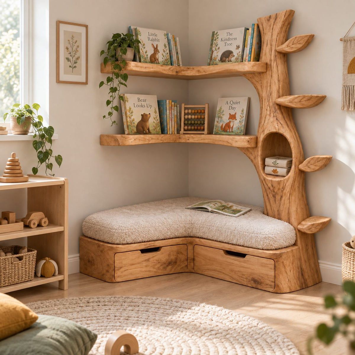 Kids Corner Tree Bookshelf with Storage Bench, Solid Wood Nursery Reading Nook with Drawers
