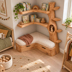 Kids Corner Tree Bookshelf with Storage Bench, Solid Wood Nursery Reading Nook with Drawers