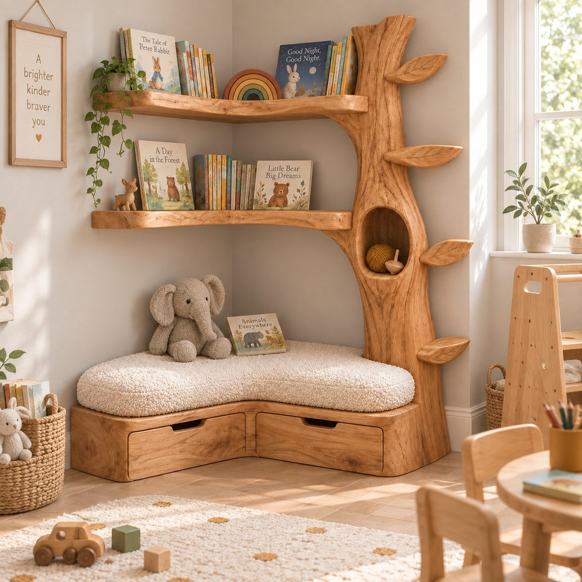 Kids Corner Tree Bookshelf with Storage Bench, Solid Wood Nursery Reading Nook with Drawers