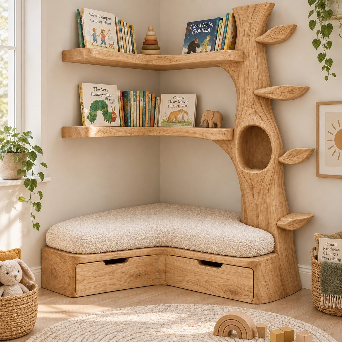 Kids Corner Tree Bookshelf with Storage Bench, Solid Wood Nursery Reading Nook with Drawers