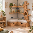 Kids Corner Tree Bookshelf with Storage Bench, Solid Wood Nursery Reading Nook with Drawers