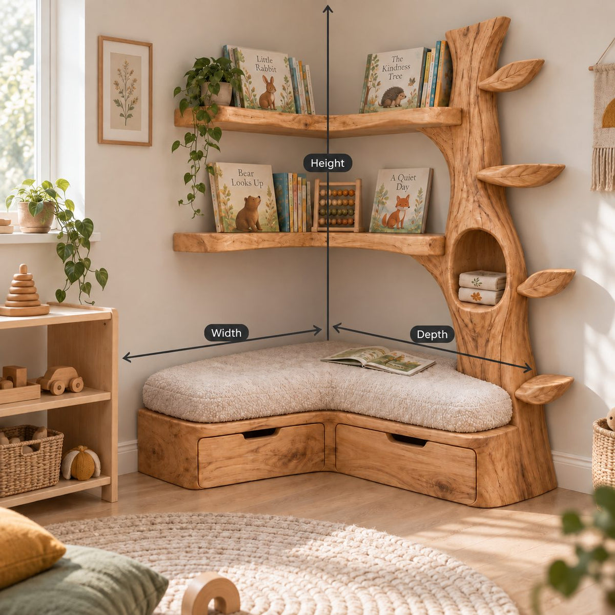 Kids Corner Tree Bookshelf with Storage Bench, Solid Wood Nursery Reading Nook with Drawers
