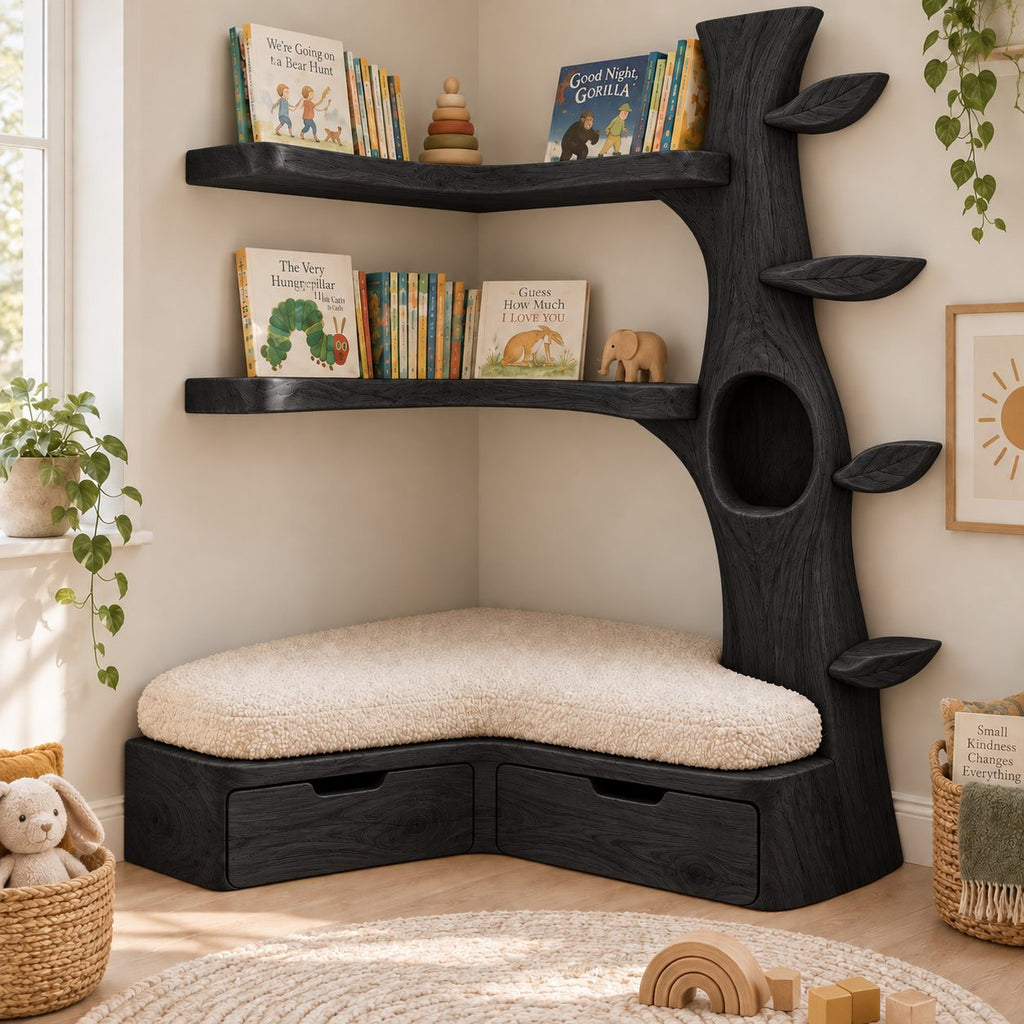 Kids Corner Tree Bookshelf with Storage Bench, Solid Wood Nursery Reading Nook with Drawers