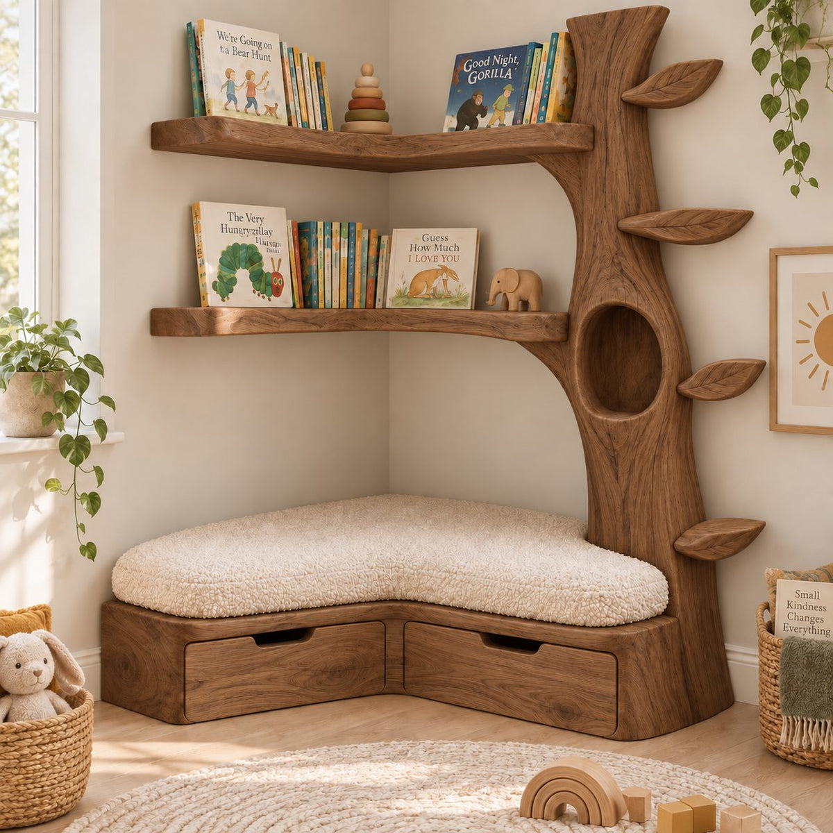 Kids Corner Tree Bookshelf with Storage Bench, Solid Wood Nursery Reading Nook with Drawers