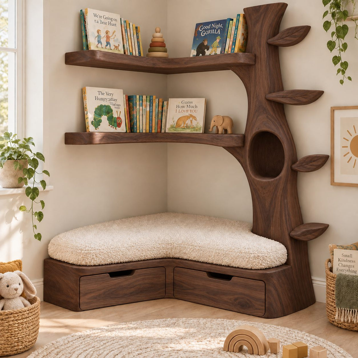 Kids Corner Tree Bookshelf with Storage Bench, Solid Wood Nursery Reading Nook with Drawers