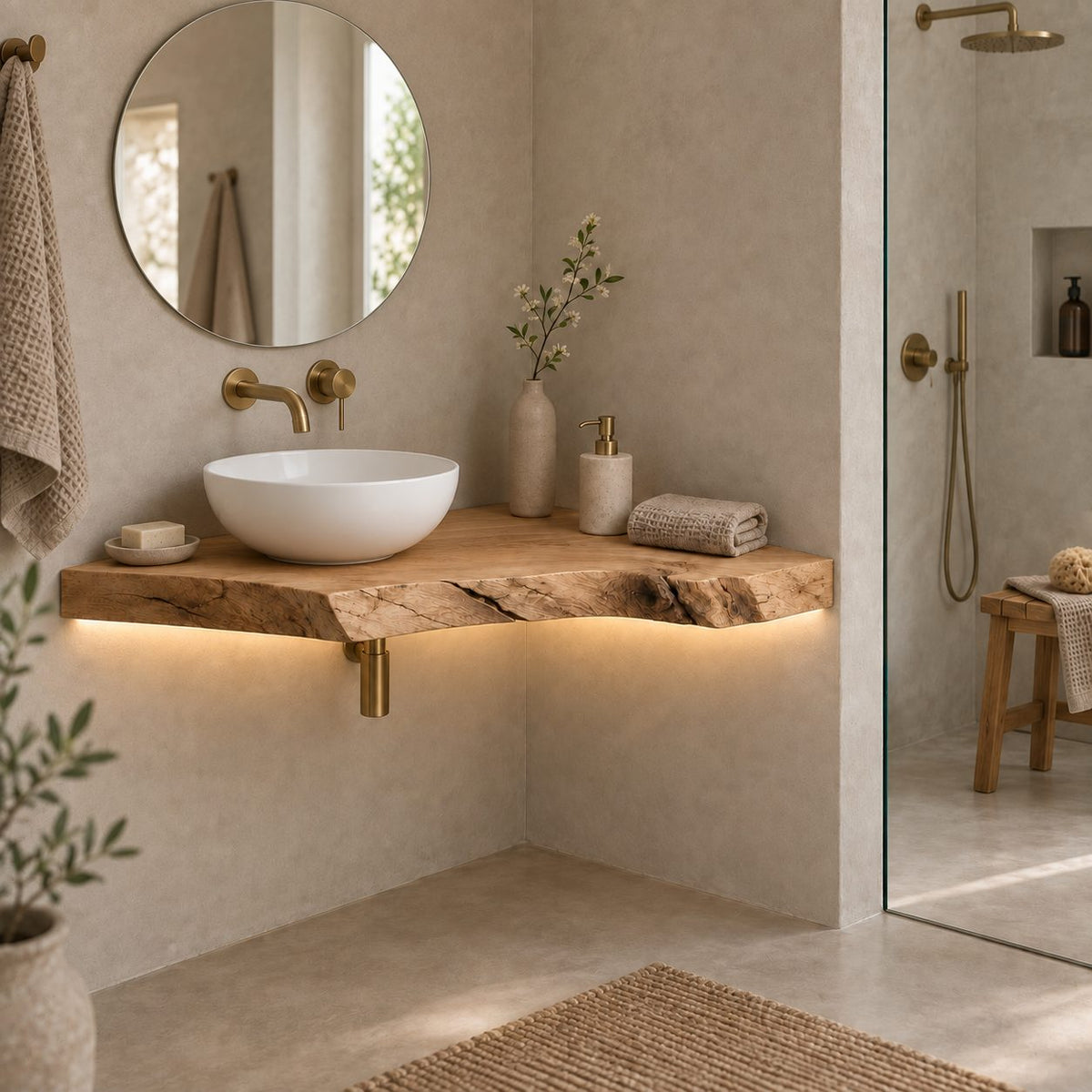 Floating Corner Bathroom Vanity, Slim Live-Edge Solid Wood Corner Vanity Top for Vessel Sink