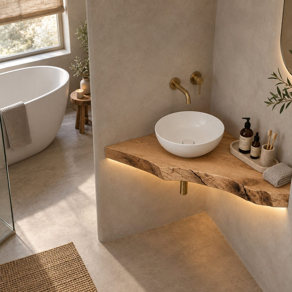 Floating Corner Bathroom Vanity, Slim Live-Edge Solid Wood Corner Vanity Top for Vessel Sink