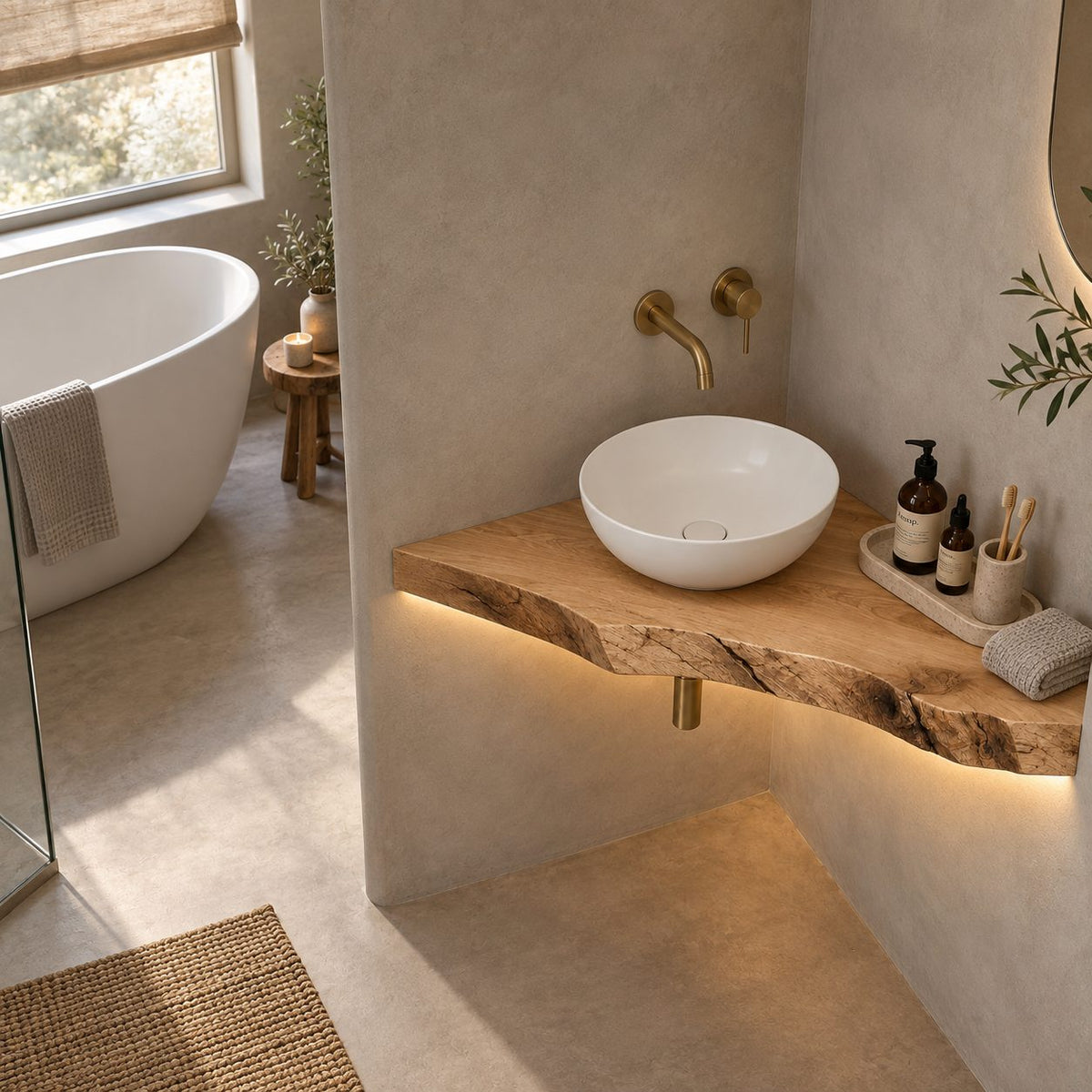 Floating Corner Bathroom Vanity, Slim Live-Edge Solid Wood Corner Vanity Top for Vessel Sink
