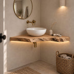 Floating Corner Bathroom Vanity, Slim Live-Edge Solid Wood Corner Vanity Top for Vessel Sink