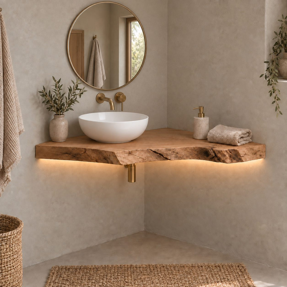 Floating Corner Bathroom Vanity, Slim Live-Edge Solid Wood Corner Vanity Top for Vessel Sink