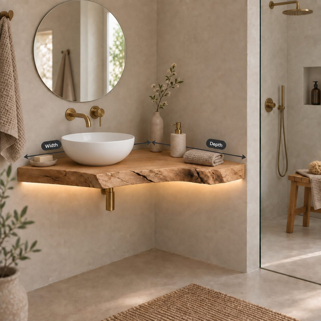Floating Corner Bathroom Vanity, Slim Live-Edge Solid Wood Corner Vanity Top for Vessel Sink