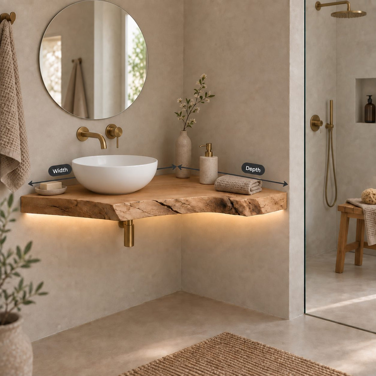 Floating Corner Bathroom Vanity, Slim Live-Edge Solid Wood Corner Vanity Top for Vessel Sink
