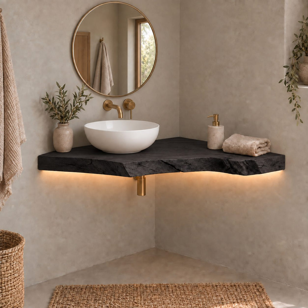 Floating Corner Bathroom Vanity, Slim Live-Edge Solid Wood Corner Vanity Top for Vessel Sink