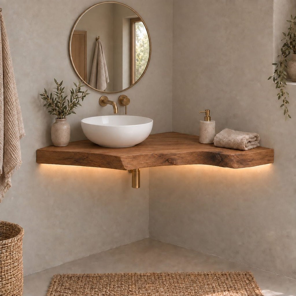 Floating Corner Bathroom Vanity, Slim Live-Edge Solid Wood Corner Vanity Top for Vessel Sink