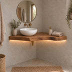 Floating Corner Bathroom Vanity, Slim Live-Edge Solid Wood Corner Vanity Top for Vessel Sink