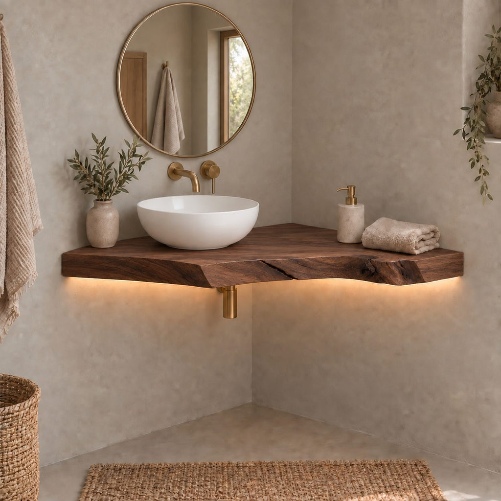 Floating Corner Bathroom Vanity, Slim Live-Edge Solid Wood Corner Vanity Top for Vessel Sink