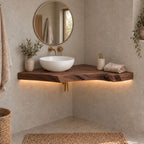 Floating Corner Bathroom Vanity, Slim Live-Edge Solid Wood Corner Vanity Top for Vessel Sink