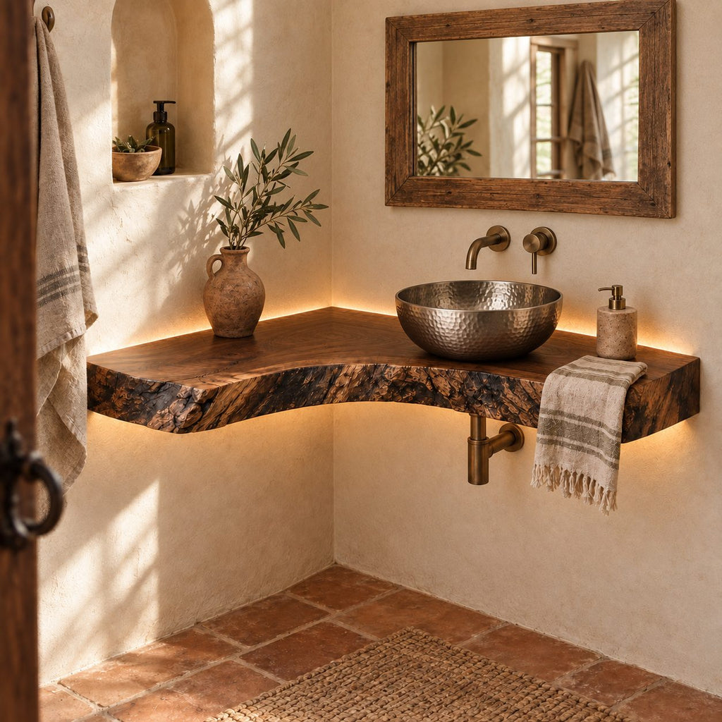 Curved Floating Corner Vanity, Live-Edge Solid Wood Corner Bathroom Vanity Top