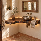 Curved Floating Corner Vanity, Live-Edge Solid Wood Corner Bathroom Vanity Top