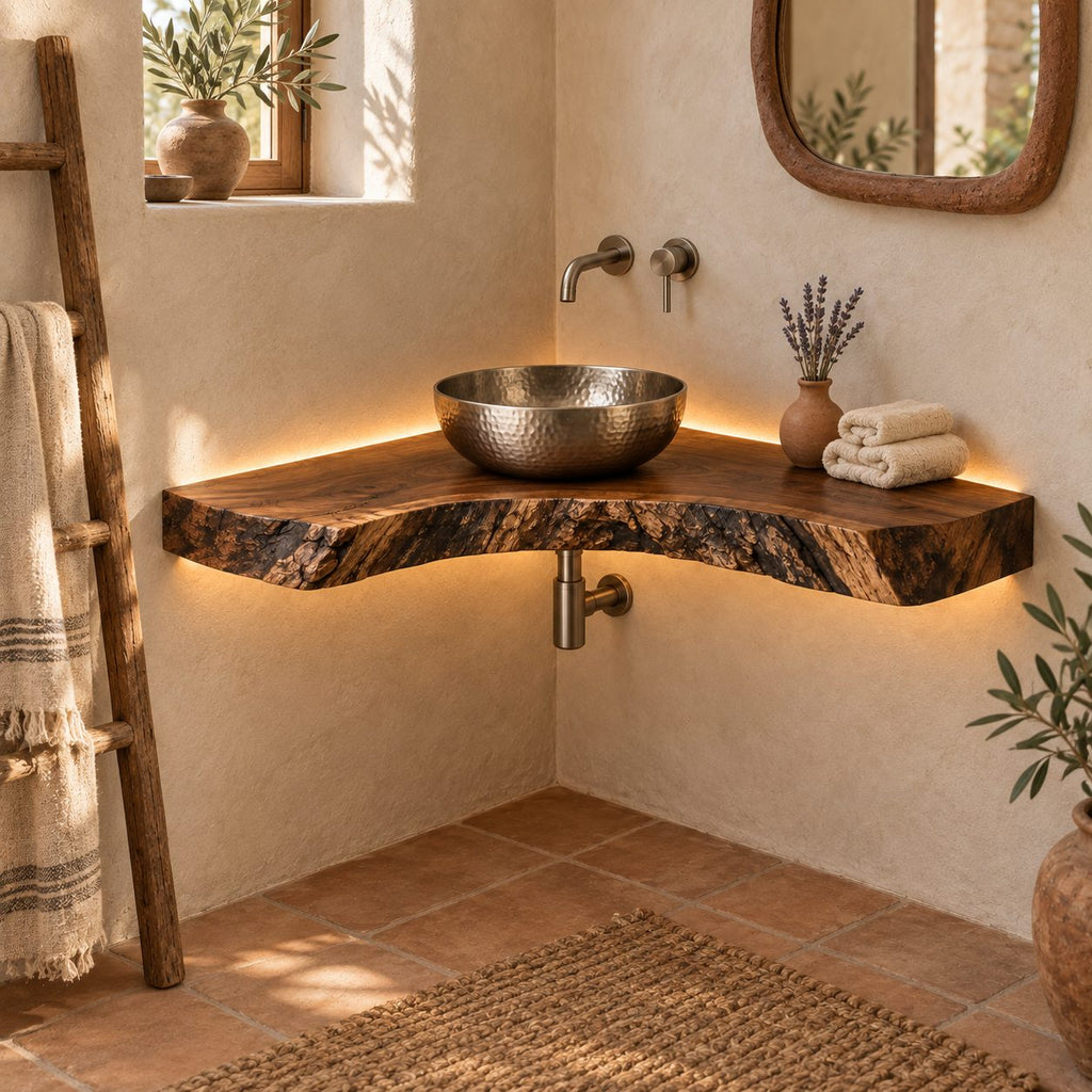 Curved Floating Corner Vanity, Live-Edge Solid Wood Corner Bathroom Vanity Top