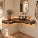 Curved Floating Corner Vanity, Live-Edge Solid Wood Corner Bathroom Vanity Top