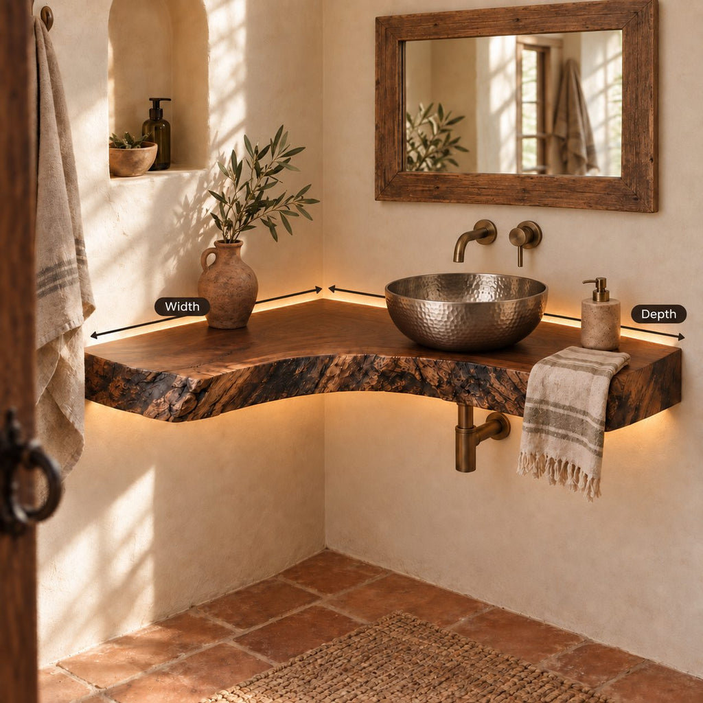 Curved Floating Corner Vanity, Live-Edge Solid Wood Corner Bathroom Vanity Top