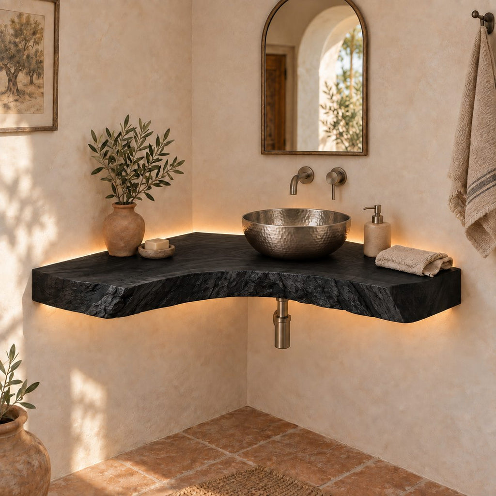 Curved Floating Corner Vanity, Live-Edge Solid Wood Corner Bathroom Vanity Top