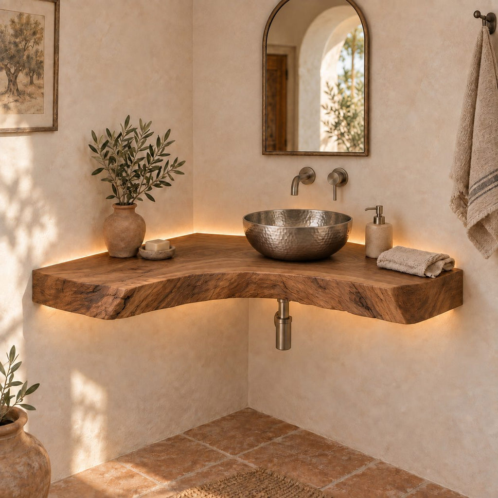 Curved Floating Corner Vanity, Live-Edge Solid Wood Corner Bathroom Vanity Top