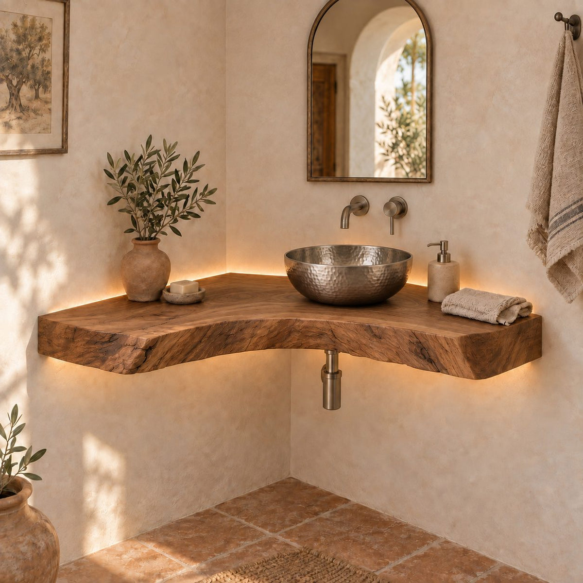 Curved Floating Corner Vanity, Live-Edge Solid Wood Corner Bathroom Vanity Top
