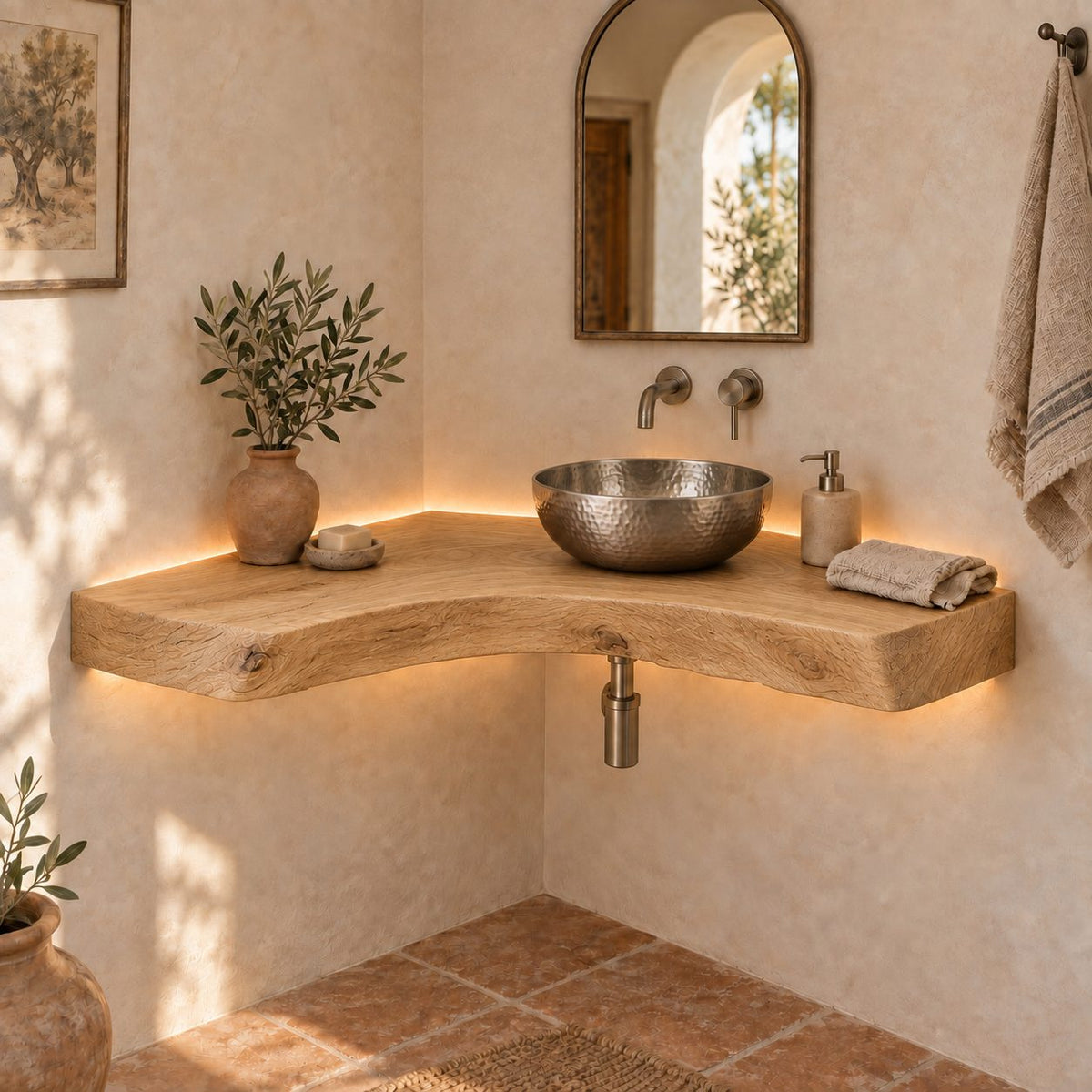 Curved Floating Corner Vanity, Live-Edge Solid Wood Corner Bathroom Vanity Top