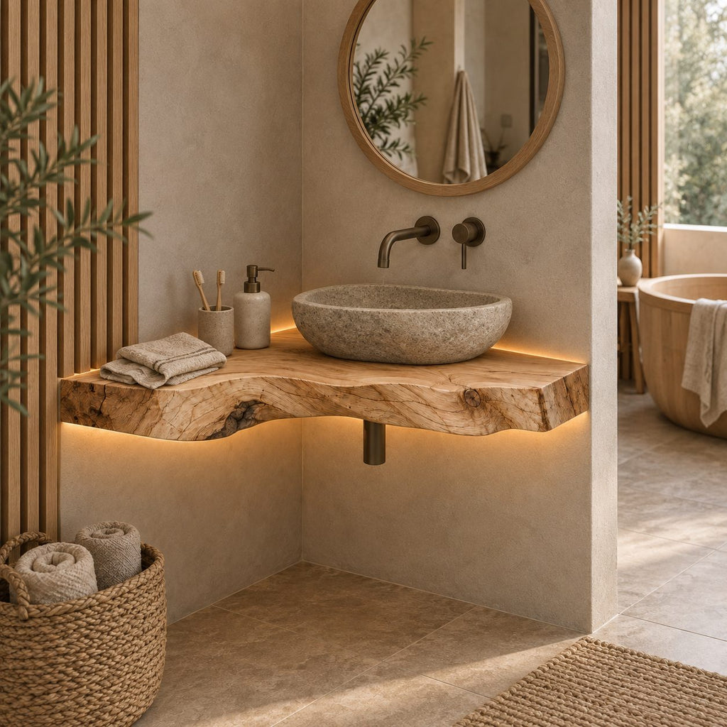 Floating Corner Vanity Top, Wavy Live-Edge Solid Wood Corner Bathroom Vanity for Vessel Sink