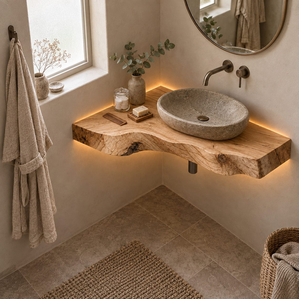 Floating Corner Vanity Top, Wavy Live-Edge Solid Wood Corner Bathroom Vanity for Vessel Sink