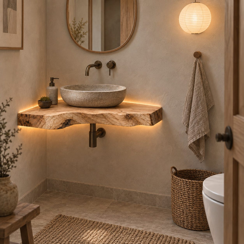 Floating Corner Vanity Top, Wavy Live-Edge Solid Wood Corner Bathroom Vanity for Vessel Sink