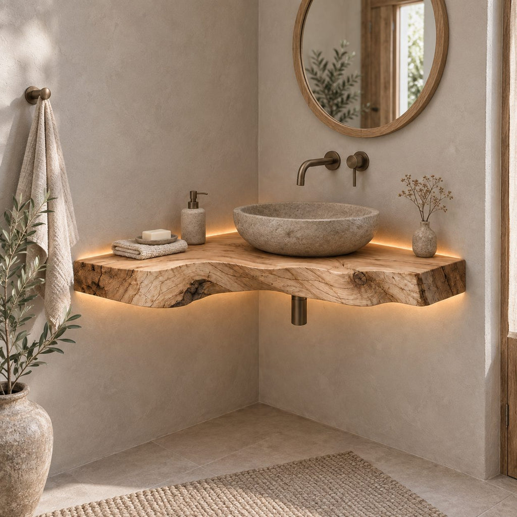 Floating Corner Vanity Top, Wavy Live-Edge Solid Wood Corner Bathroom Vanity for Vessel Sink