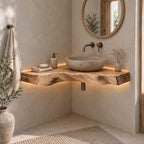 Floating Corner Vanity Top, Wavy Live-Edge Solid Wood Corner Bathroom Vanity for Vessel Sink