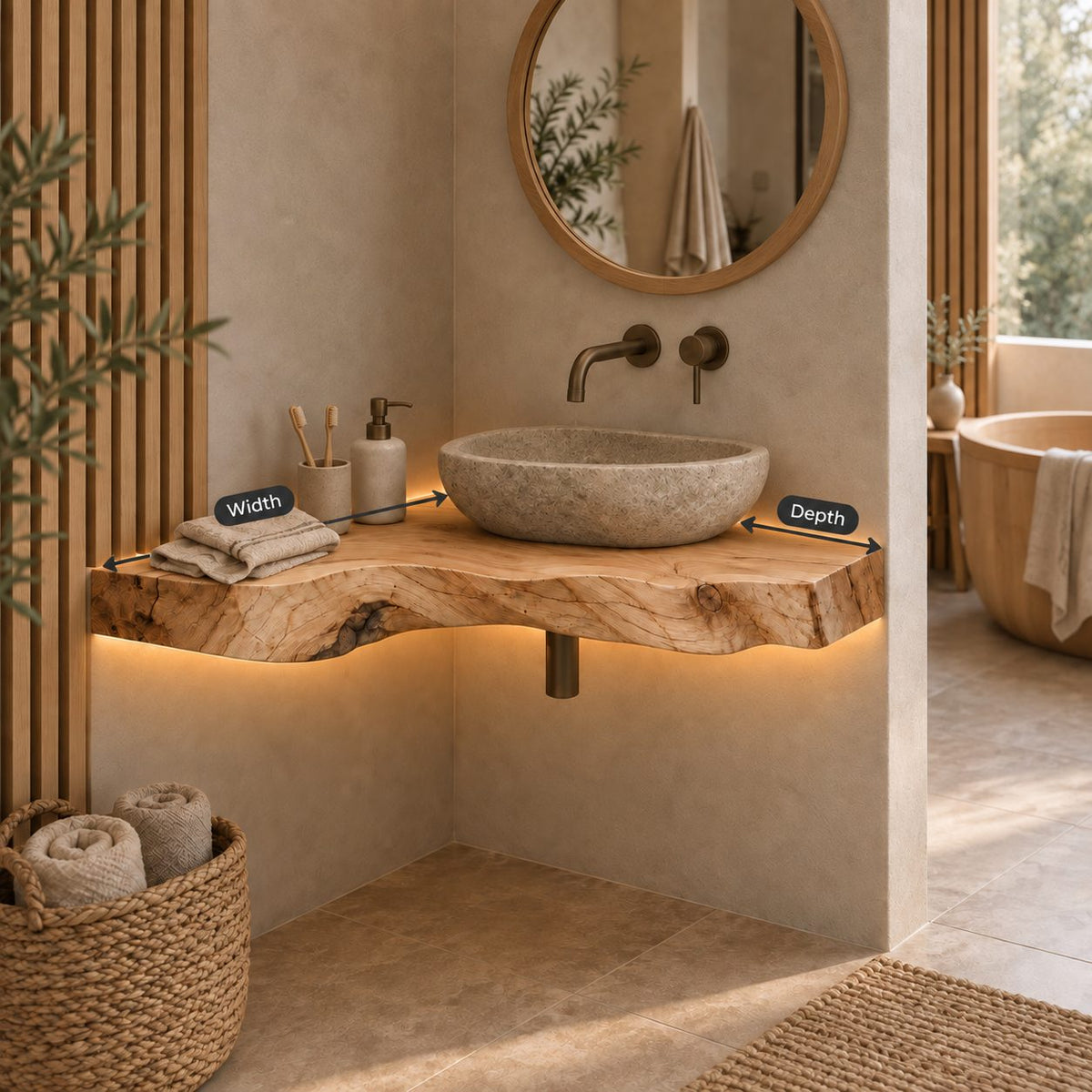 Floating Corner Vanity Top, Wavy Live-Edge Solid Wood Corner Bathroom Vanity for Vessel Sink