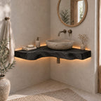 Floating Corner Vanity Top, Wavy Live-Edge Solid Wood Corner Bathroom Vanity for Vessel Sink
